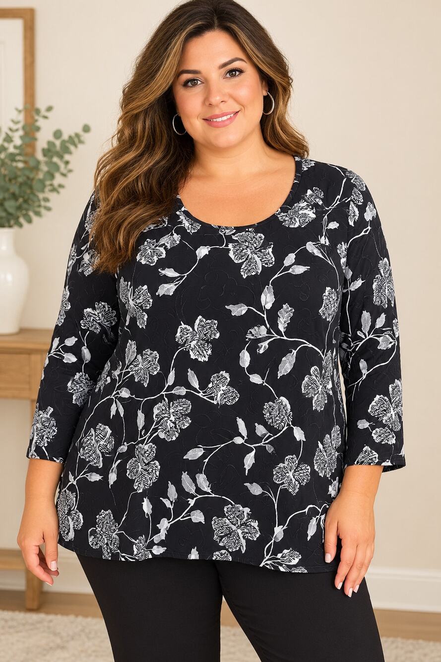JM Collection Women’s 1X Black Floral Print Tunic Top Long Sleeve Stretch